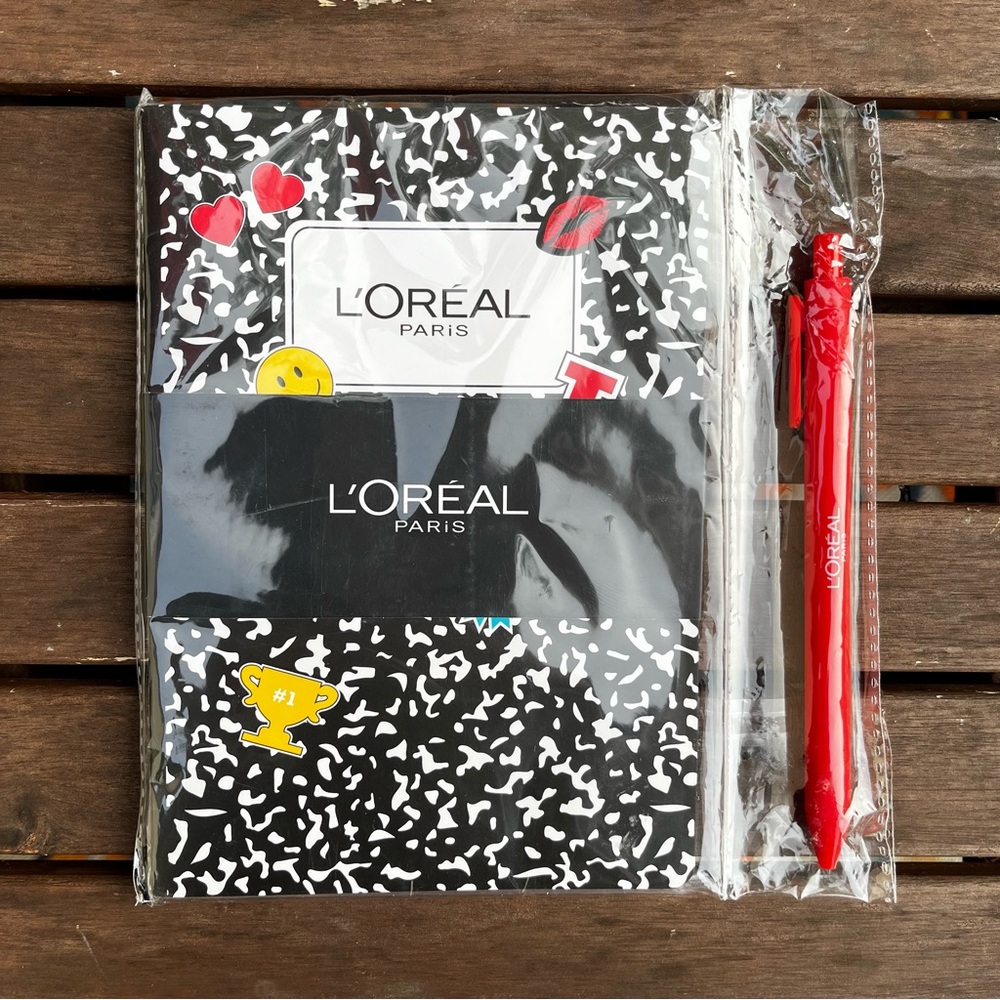 L'Oreal Black and White Notebook with Red Pen
